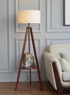 客厅沙发旁边的落地灯实木美式复古卧室床头柜置物架一体置物地灯