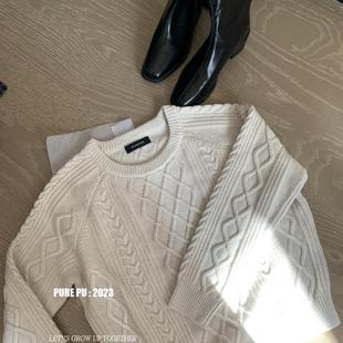 重工100%羊毛扬子纱精纺4股36支慵懒风麻花绞花圆领套头厚毛衣女