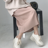 一定要入不起球 西柚红螺纹大弹力中长款 针织半身裙一步裙包臀裙