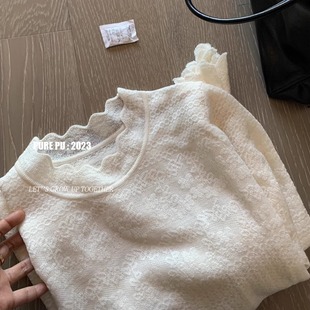 北国佳人半高领钩花法式蕾丝叠穿内搭打底衫女春新款长袖镂空上衣