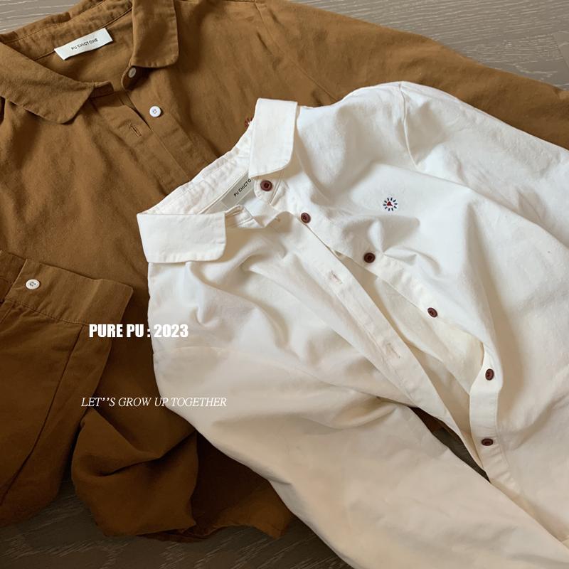 长袖纯棉衬衫刺绣日系宽松一排扣