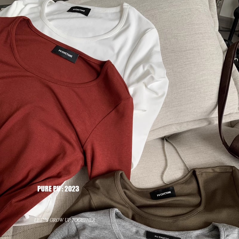 U型下摆女韩版长袖U领T恤打底衫