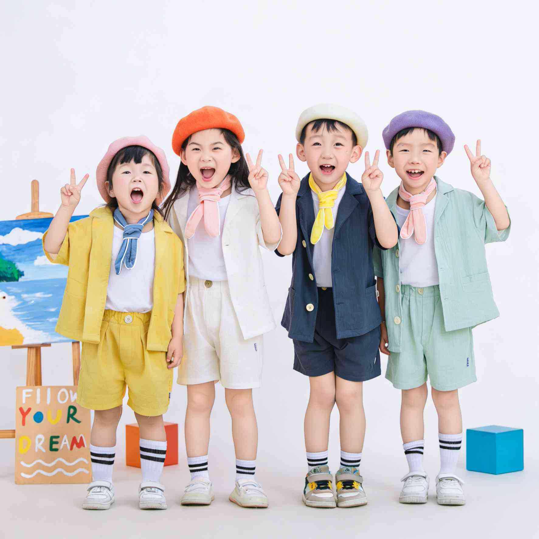 女童男童装棉麻小西装短袖套装幼儿园毕业照班服儿童摄影写真服装