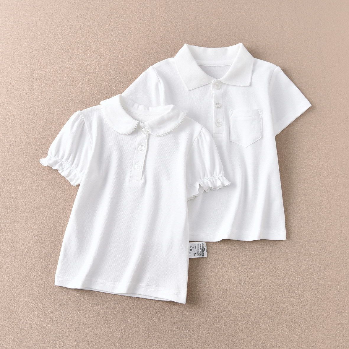 儿童纯白色短袖polo衫男童翻领t恤女童校服泡泡袖幼儿园毕业班服