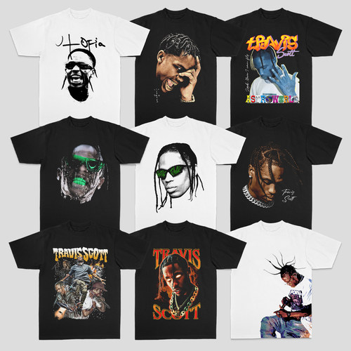 Travis Scott人像嘻哈说唱美式复古重磅纯棉数码直喷夏季短袖T恤