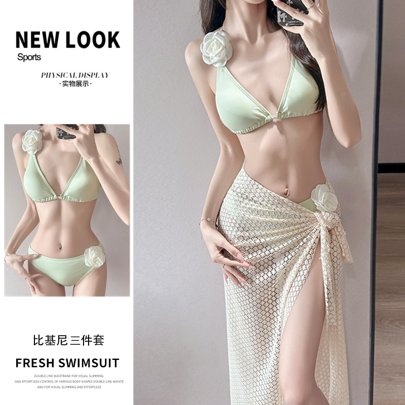 夏日女款显瘦纯欲分体式长裙比基尼泳衣海边沙滩度假高颜值游泳装