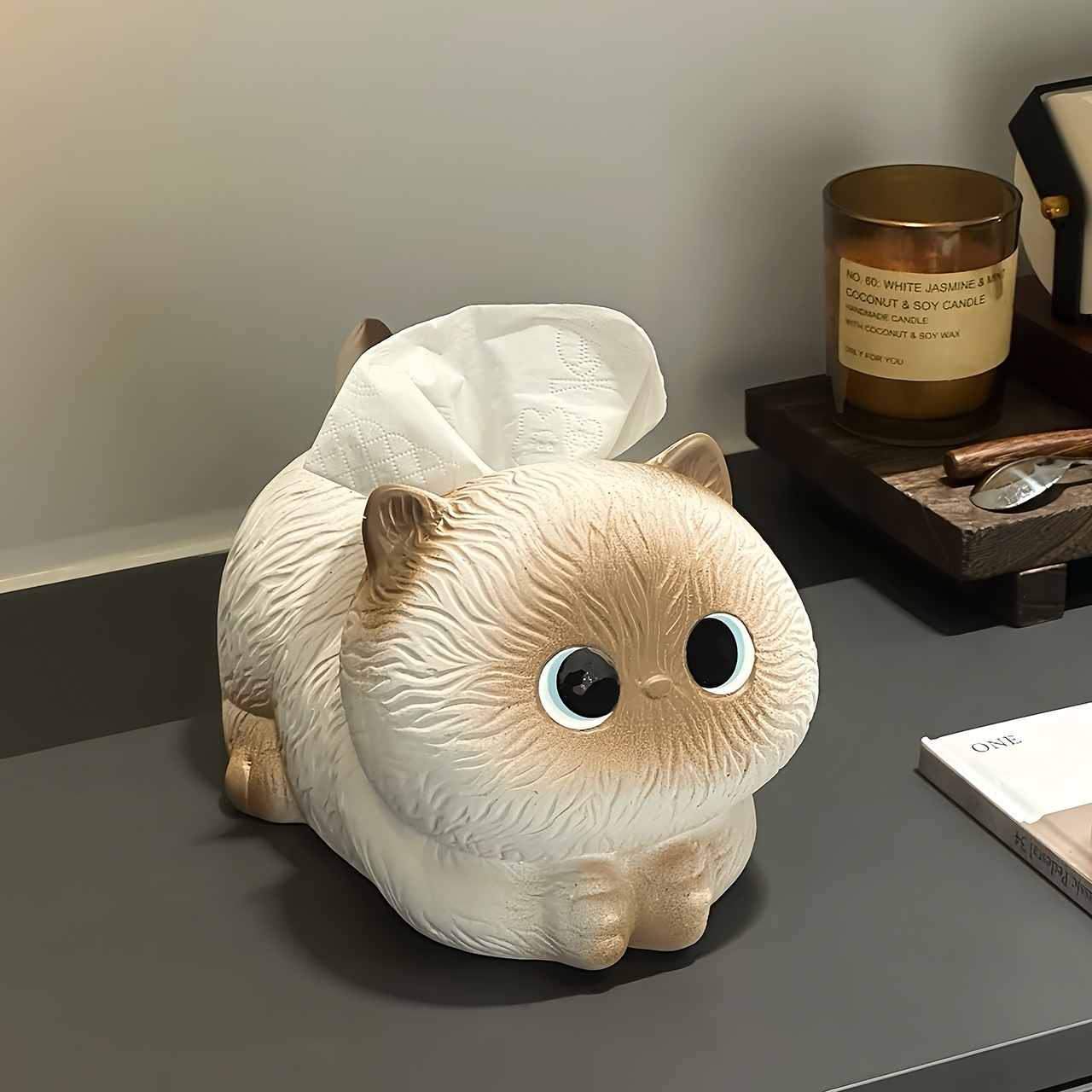 创意暹罗猫纸巾盒家用客厅桌面抽纸盒可爱陶瓷纸巾盒客厅装饰摆件
