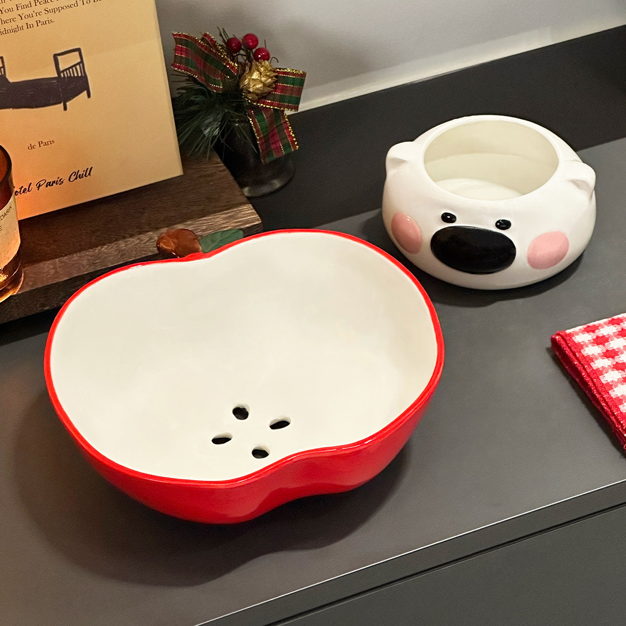 苹果小熊水果盘客厅茶几家用沥水高端精致高颜值干果盘糖果零食盘