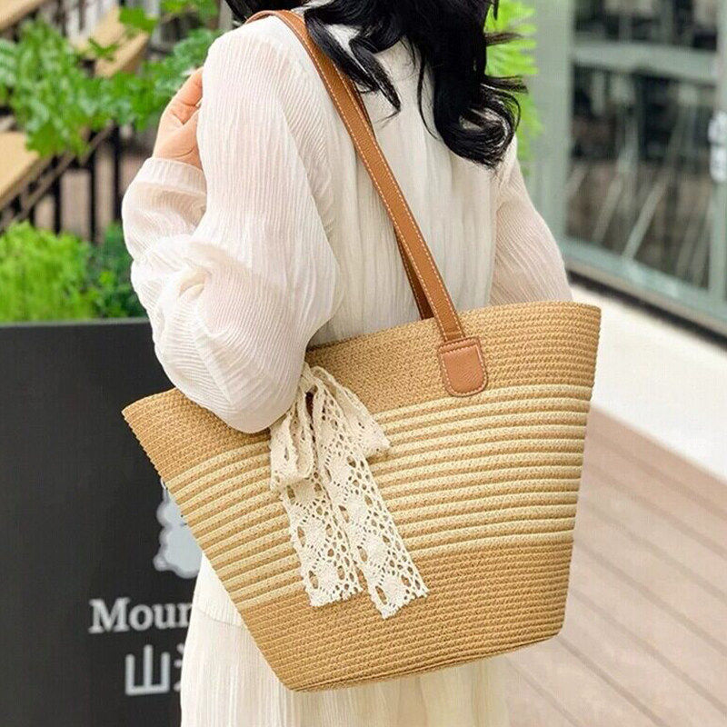 韩系条纹大容量托特包女款夏季出游度假草编包日常百搭通勤菜篮子