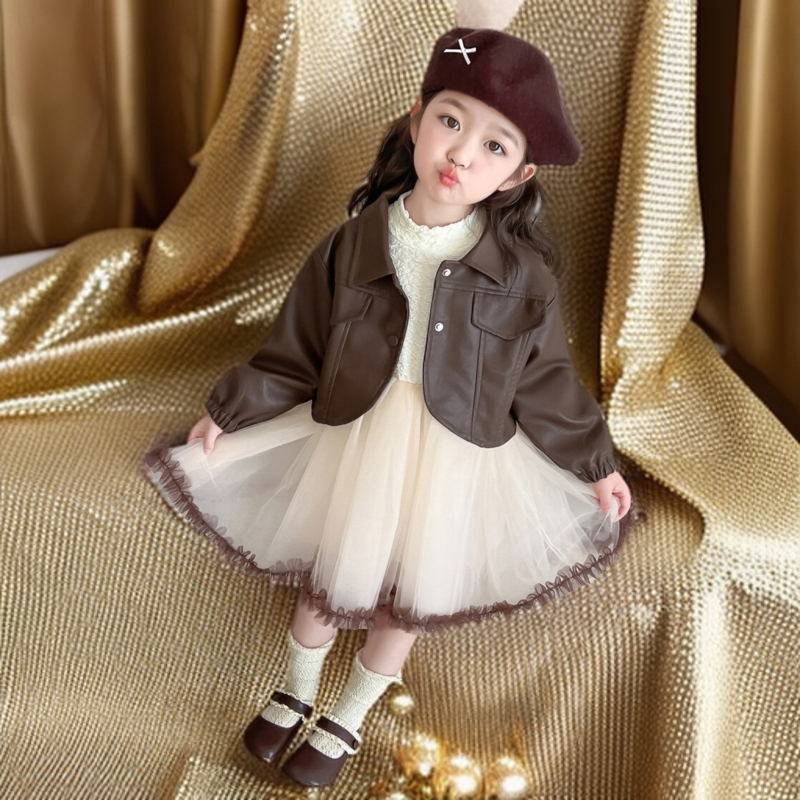 女童皮衣两件套春秋装2024新款小女孩洋气时髦网纱连衣裙套装潮流
