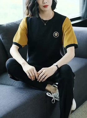 洋气高端大码女装减龄休闲运动服套装胖mm短袖时尚冰丝两件套夏季