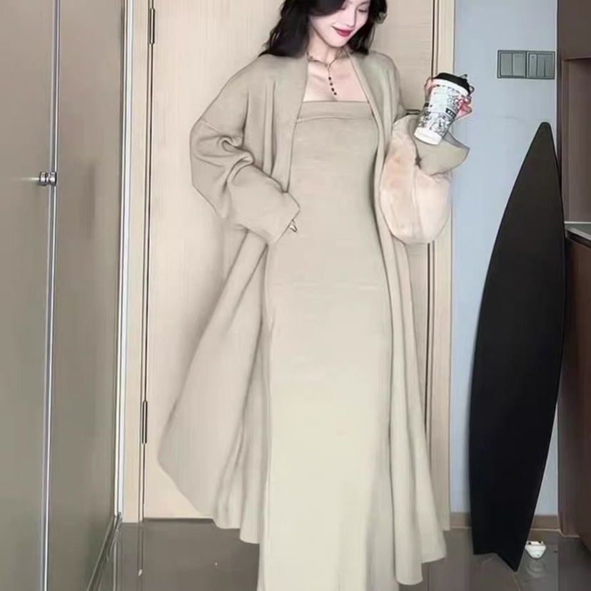 酒午港风复古包臀开叉抹胸针织连衣裙加厚中长款针织开衫套装女冬