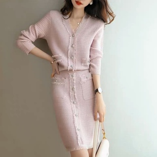 流苏V领小香风裙子优雅气质轻熟风 女2023新款 针织开衫 半身裙套装