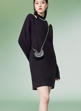 正品欧货秋冬新款气质女神范高级感法式桔梗小香风绿色针织连衣裙
