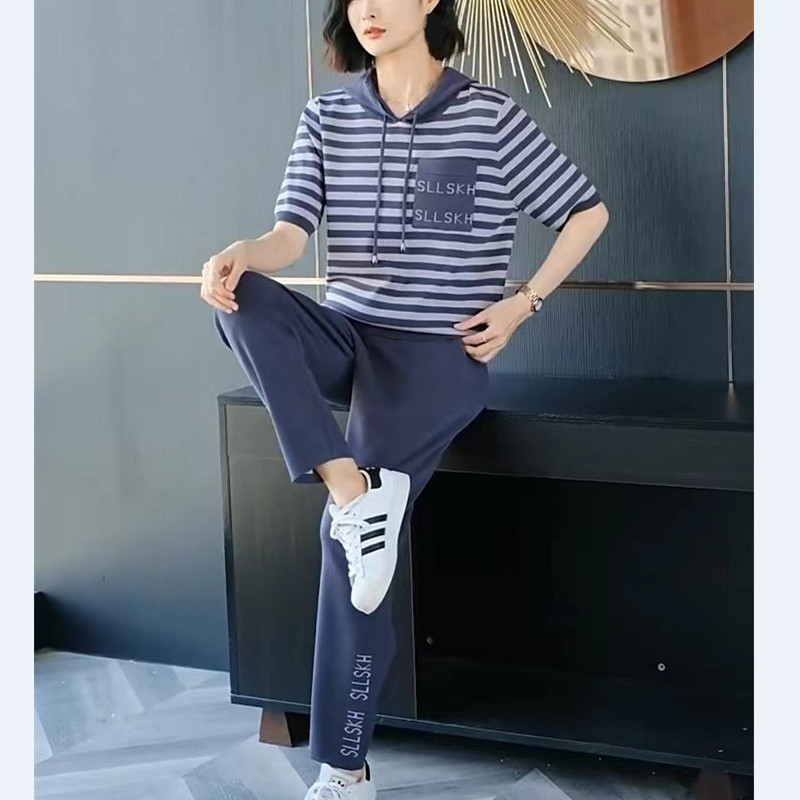 夏季短袖卫衣休闲运动套装女士冰丝针织运动服洋气减龄时尚两件套