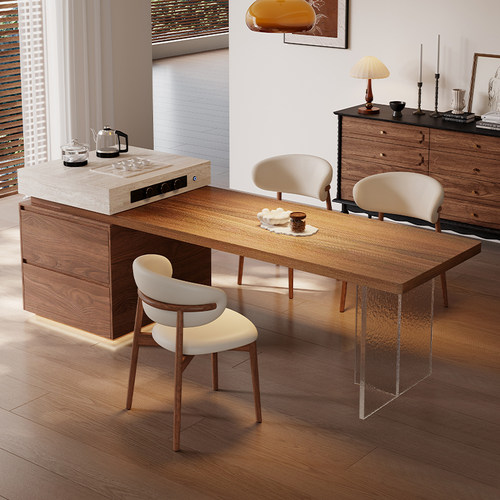 岩板岛台餐桌一体伸缩带茶盘中古