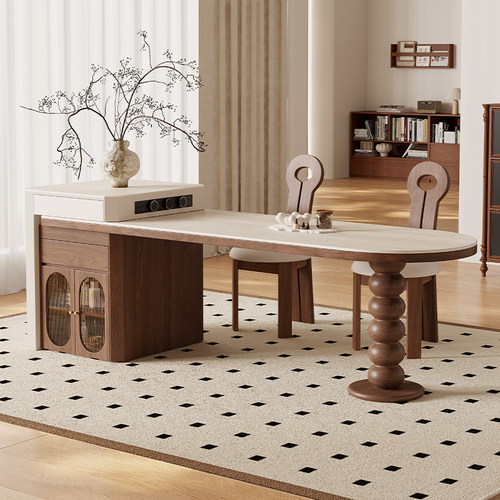 法式岛台餐桌一体中古风洞石岩板