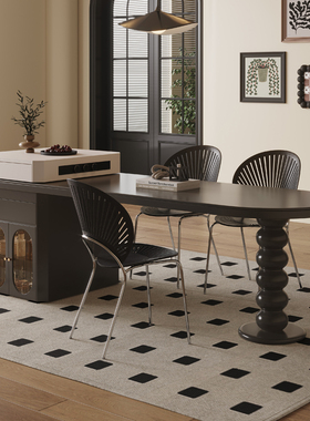 黑色岩板岛台餐桌一体家用法式复古风意式全实木高级端可伸缩倒台