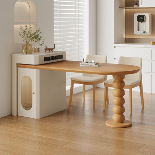 小户型奶油原木风岩板岛台加餐桌