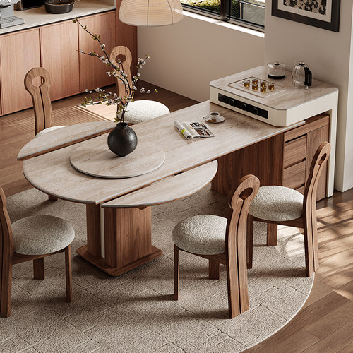 洞石岩板岛台餐桌一体可伸缩