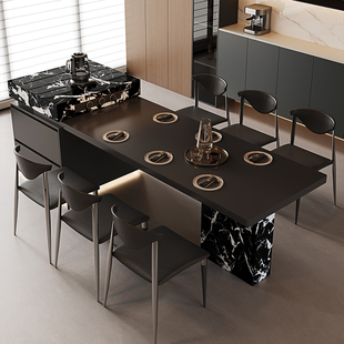 意式轻奢下挂岩板岛台餐桌一体可伸缩家用厨房高级感全黑色中导台