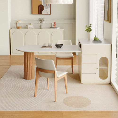 侘寂奶油风实木岛台餐桌一体