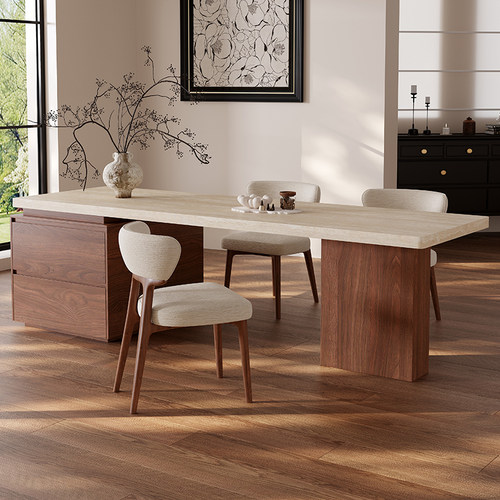 齐平岛台餐桌一体中古风家用高级开放厨房餐厅下挂洞石岩板中导台