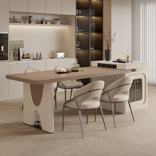 岛台餐桌一体可伸缩岩板家用轻奢风实木带微波炉多功能高级感倒台