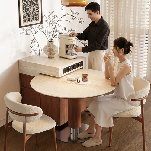 中古风分离岛台餐桌伸缩洞石岩板