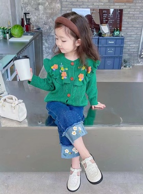 女童毛衣儿童装绿色针织开衫上衣2024新款洋气春秋装宝宝春装外套