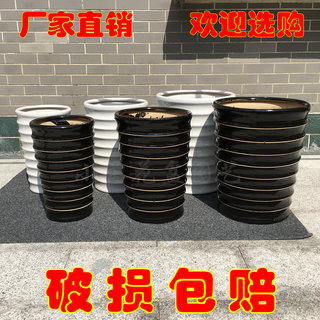 黑白螺纹圆形高筒特大号客厅陶瓷花盆办公室发财树落地大花盆