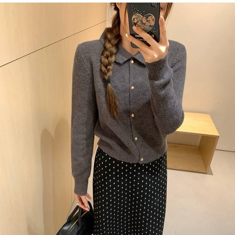 早秋翻领洋2针织开衫毛衣外套女205新款秋季穿气搭短款针织衫上衣