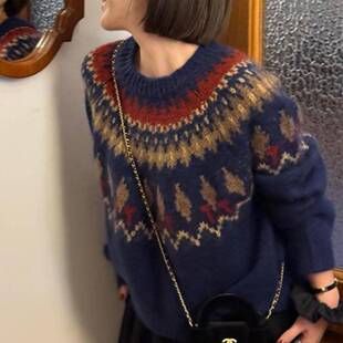 费尔岛灰色仿亮羊驼绒毛衣女秋织冬设计感针衫女慵懒风漂上衣