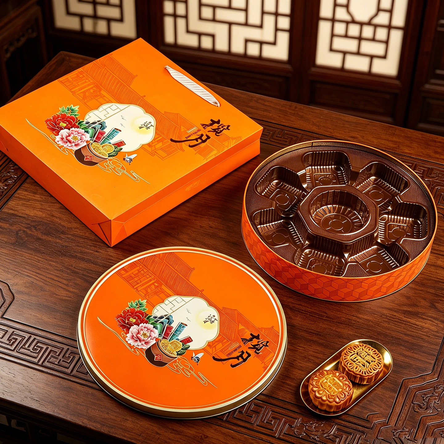 中秋月饼包装铁盒新款中式圆形8粒七星伴月广式大饼2斤 4粒装空盒