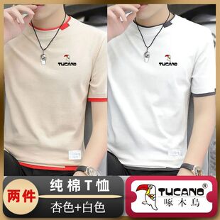 啄木鸟夏季纯棉短袖T恤男圆领半袖体恤青年修身百搭上衣男假两件