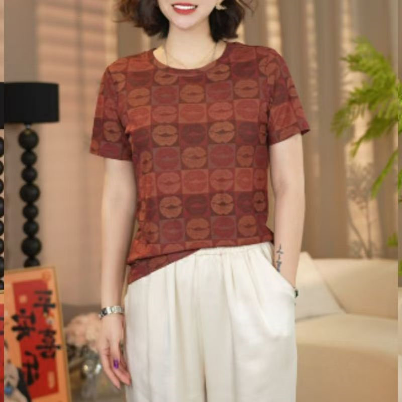 高端欧货网纱上衣薄款短袖t恤女士春夏2026新款妈妈显瘦气质小衫图片