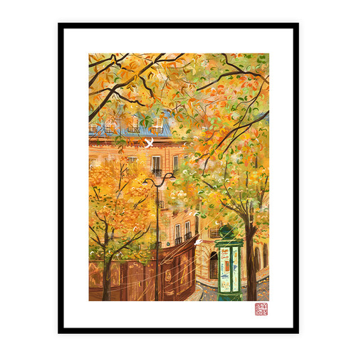 客厅唯美挂画沙发背景墙装秋日街景版画手工装裱浪漫风景高级感