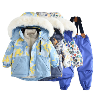 拼色夹棉加厚滑雪服两件套儿童外出服2024冬季防风防水背带裤套装