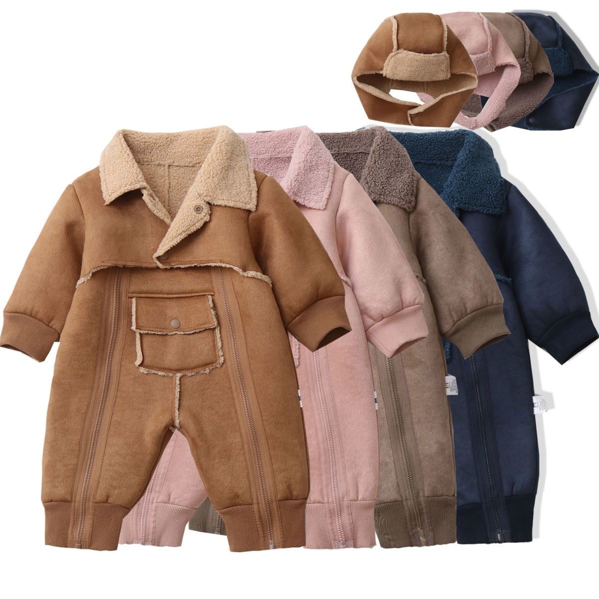 皮毛一体冬季可爱保暖连体衣婴儿加绒外出服冬装洋气爬服超萌哈衣