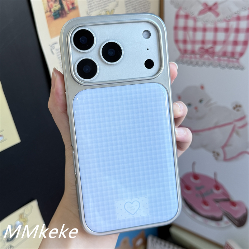 蓝色格纹滴胶银边手机壳