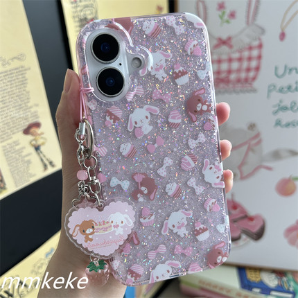 MMKEKE梦幻日系小兔子焦糖兔挂件适用苹果15pro双层imd闪粉手机壳iPhone14pm卡通16pm古早味甜妹萌物17promax