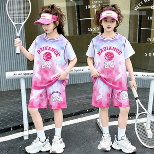 女童夏装篮球服套装2026款夏季短袖运动服儿童速干训练服粉色球衣