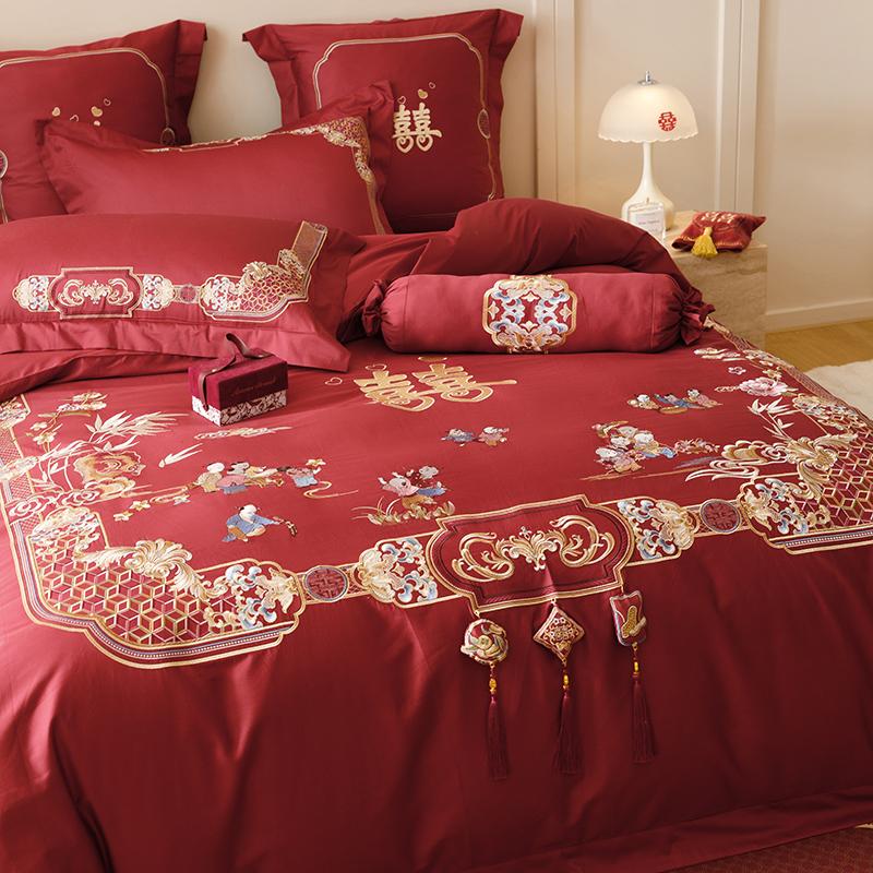 新中式轻奢刺绣花结婚庆四件套喜