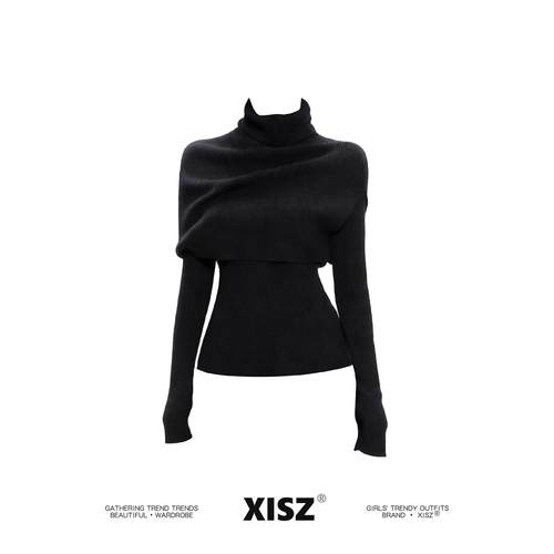 法式高OIF领搭披肩针衫织女秋冬季修身显瘦色打底衫内高级感黑毛