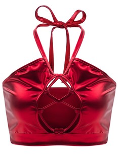 露脐吊带衫 系带镂空亮皮短款 多色选 挂脖PU皮吊带背心 性感修身