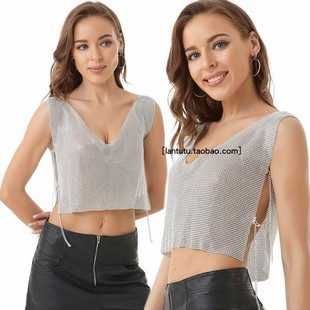 短款 性感嵌钻无袖 修身 饰背心 露脐水钻宽松上衣 深V领露背链条装