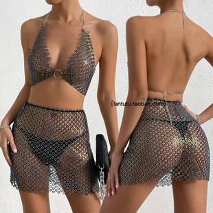 性感闪钻绑带拼接半身裙两件套装 V领挂脖嵌钻吊带高腰网眼半身裙