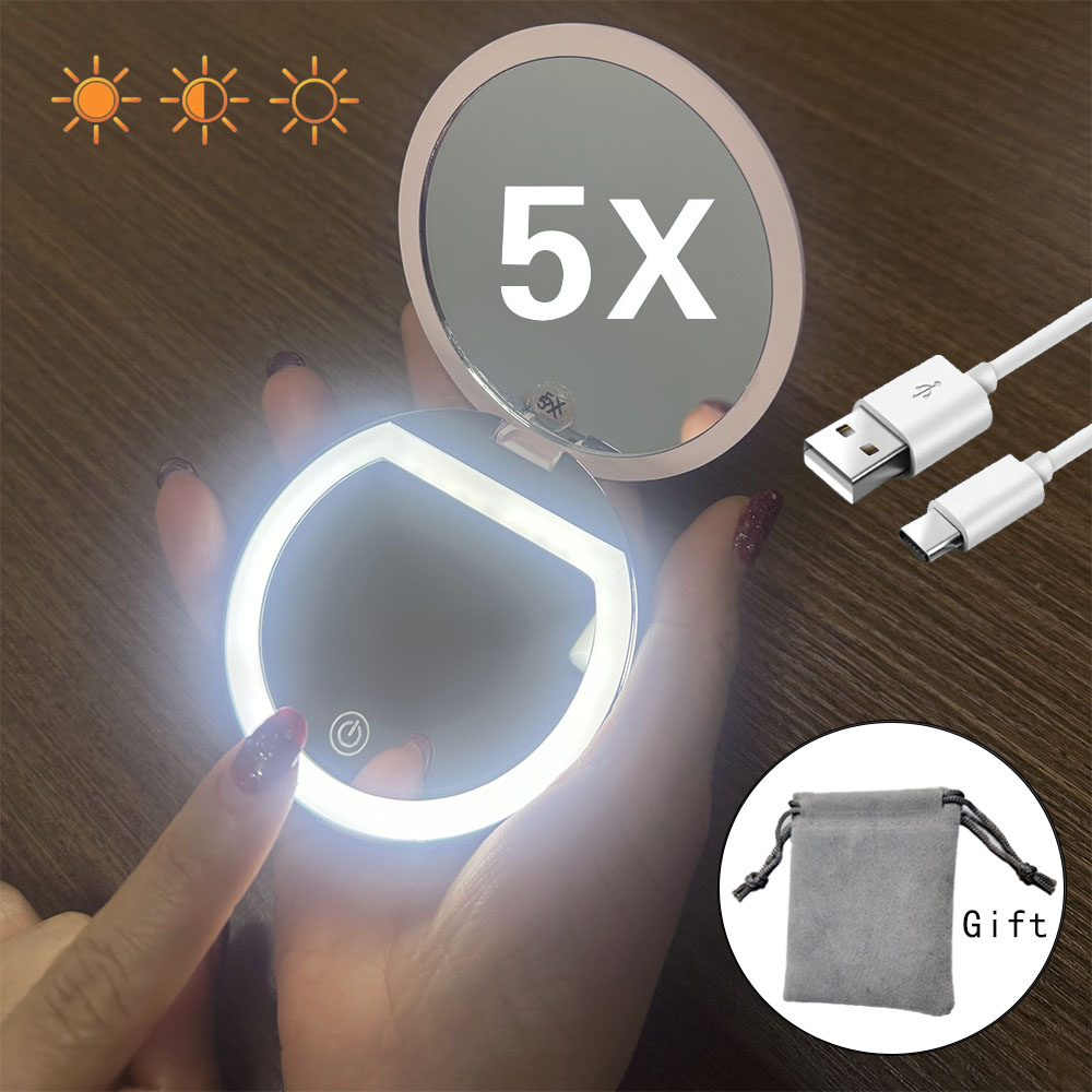 带灯便携化妆镜可充电5倍放大