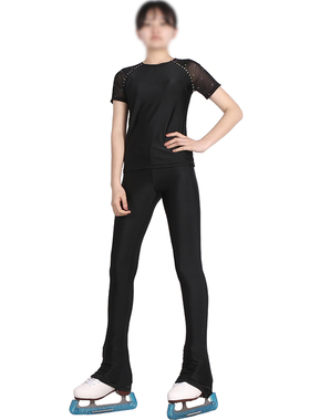 冰舞精灵 定制滑冰女款训练服 黑色夏季款网纱短袖烫钻套装D492