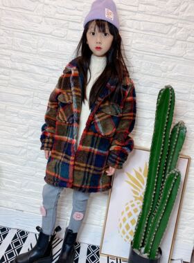 Z家童装24年冬新款6-14男女童撞色格子抓绒外套中大童亲子大衣